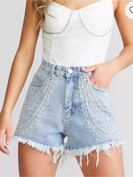 blue b Pants - Crystal-Embellished Light Blue Denim Fringe Shorts